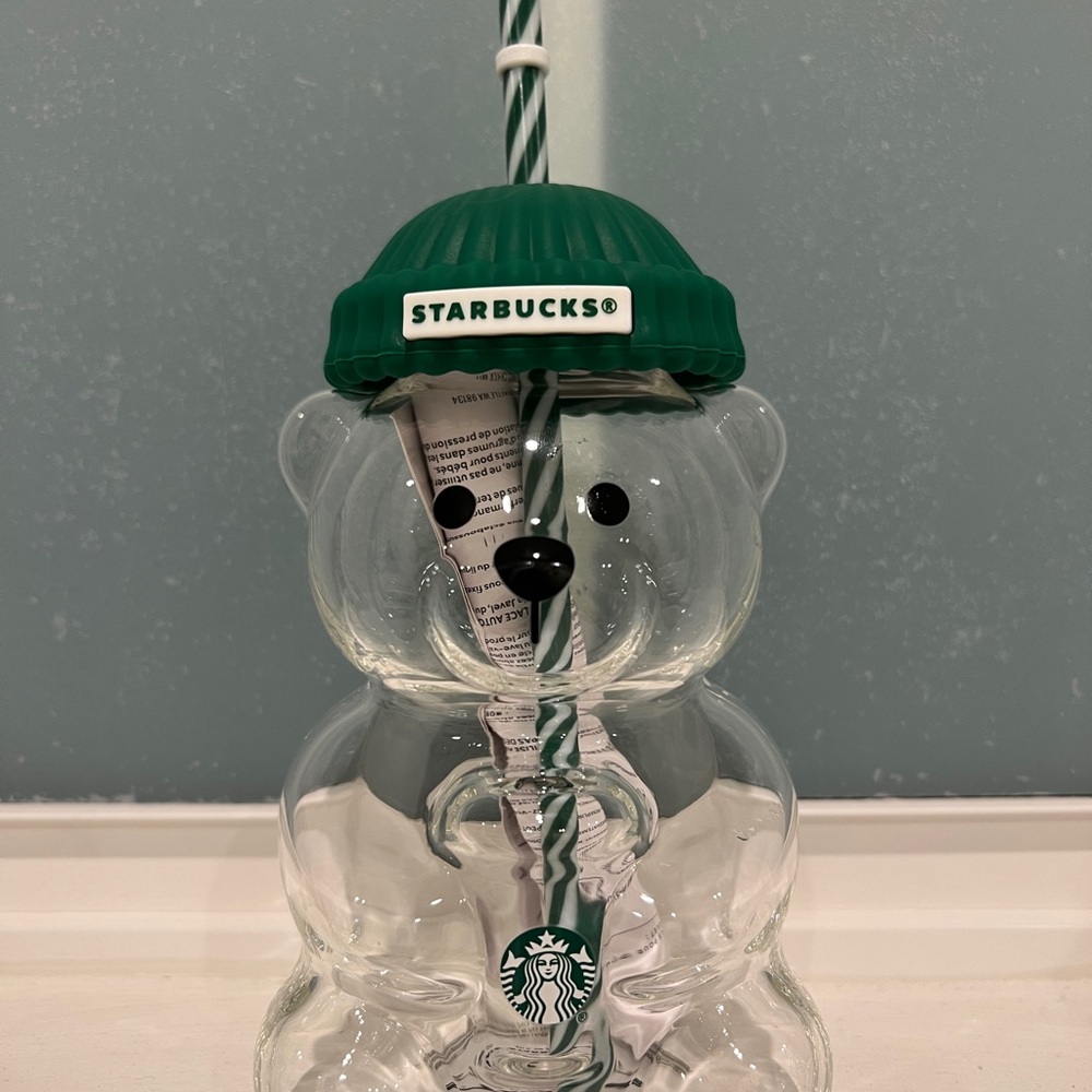 Starbucks Bearista Tumbler. Glass Bear Cup with Green Lid and Straw.